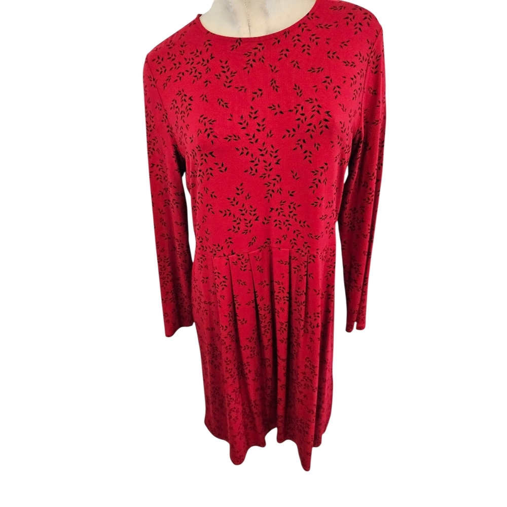 J.Jill Wearever Collection Size M Red Dress Black Leaf Pattern - Picture 2 of 8